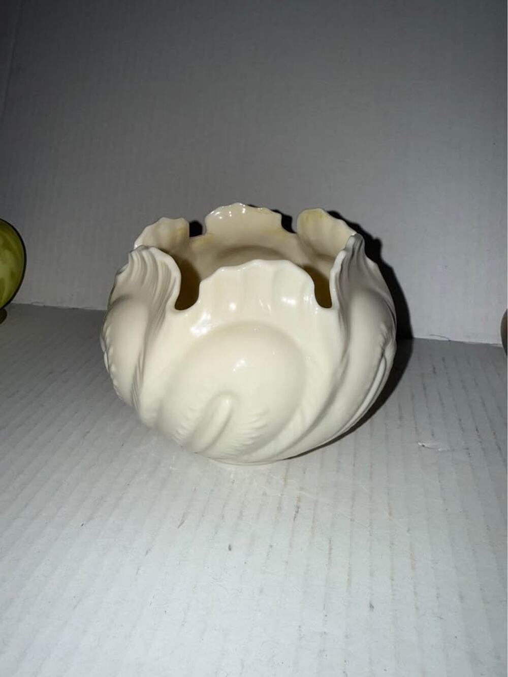 Vintage Belleek Irish Porcelain Cabbage Leaf Bowl Cream Luster Ruffled Edge MCM